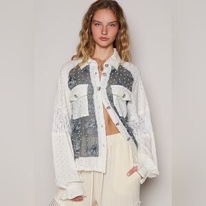 POL Eyelet Flower Pearl Detail Lace Patchwork Shirt 10010044173